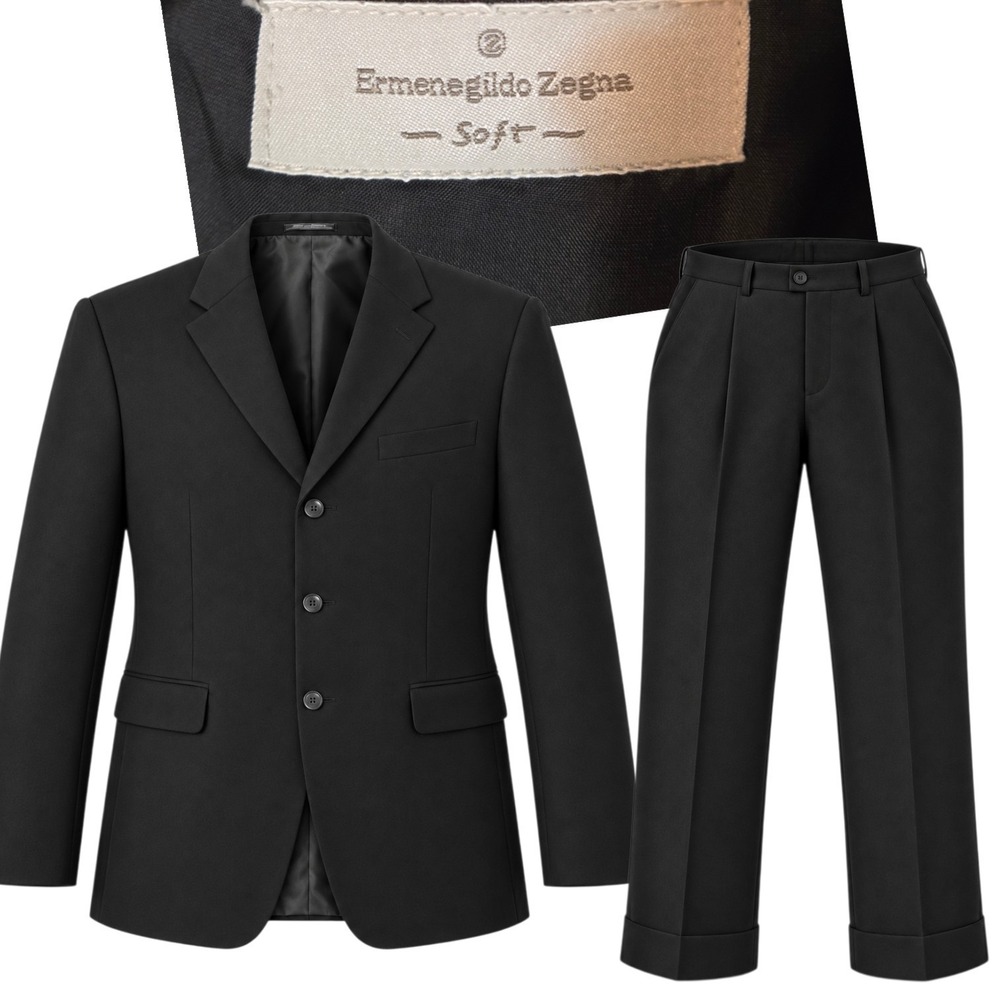 Ermenegildo Zegna Suit Mens 44L Black Wool Soft 3-Button Blazer Pants 36W